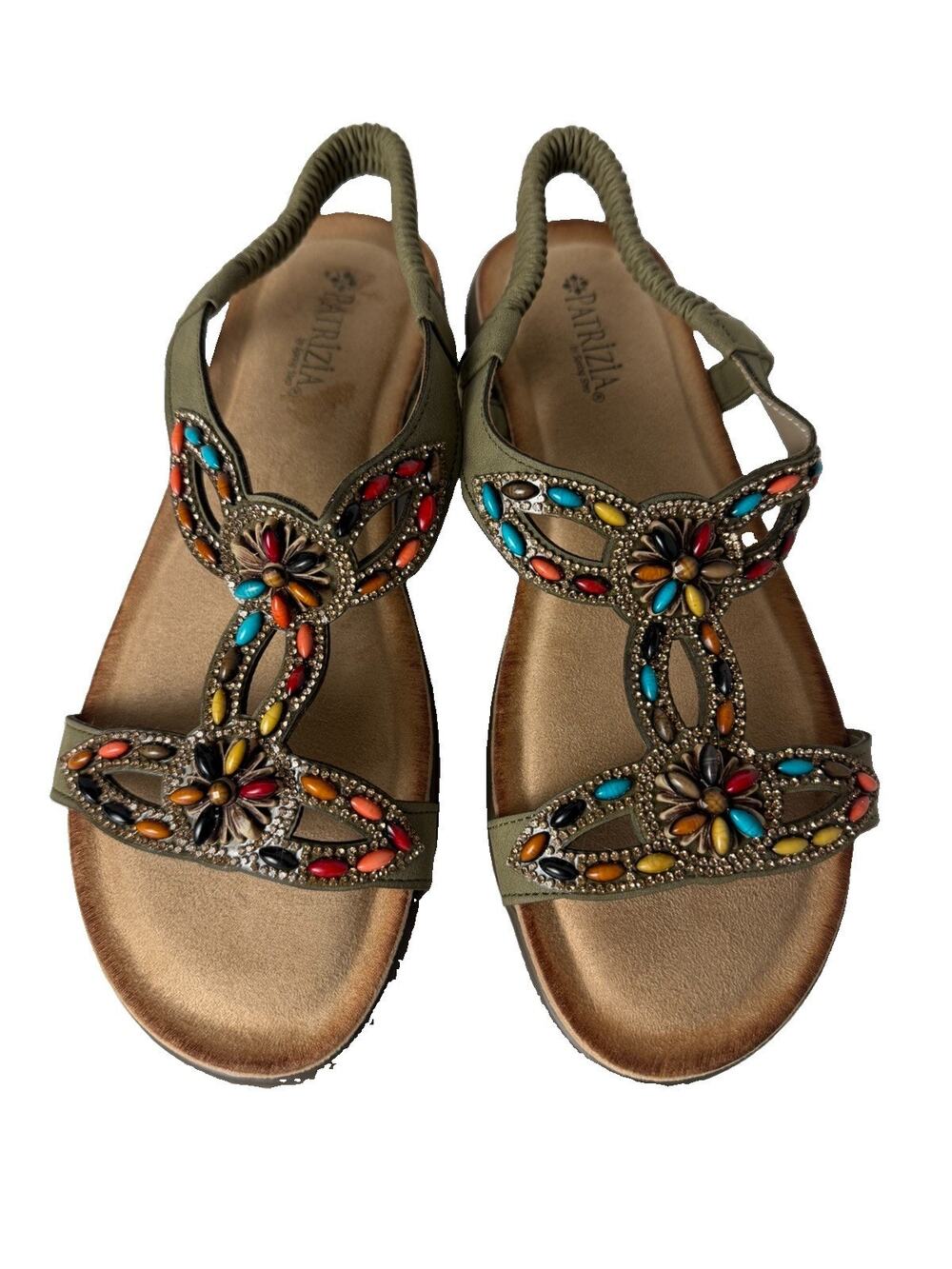 Patrizia By Spring Step Sophilla Sandal W10 Olive Green Jeweled Floral Slingback